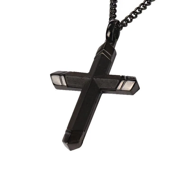 Men's Black Plated Stainless Steel Cross with Ebony Wood Inlay