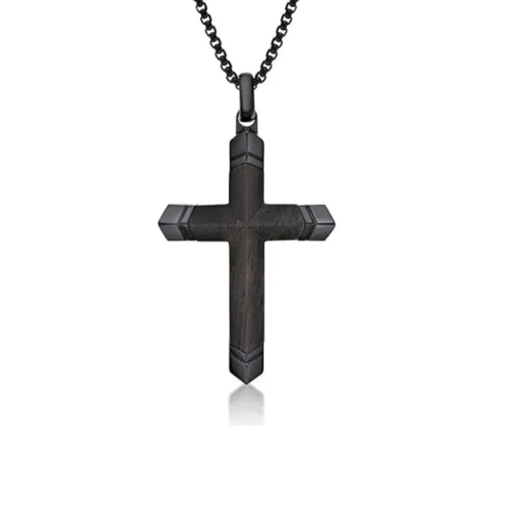 Men's Black Plated Stainless Steel Cross with Ebony Wood Inlay