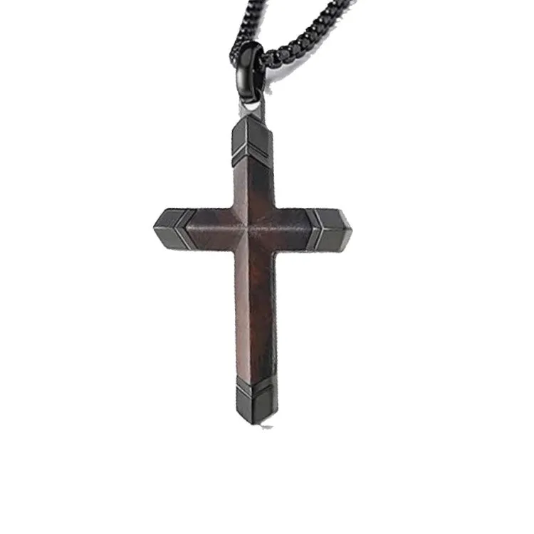 Men's Black Plated Stainless Steel Cross with Ebony Wood Inlay