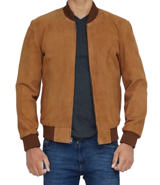 Mens Bomber Brown Suede Leather Jacket