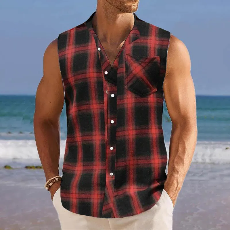 Men's Breathable Linen Lapel Beach Sleeveless Shirt 91334586YM