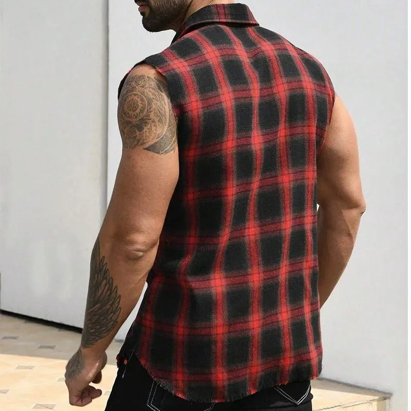 Men's Breathable Linen Lapel Beach Sleeveless Shirt 91334586YM