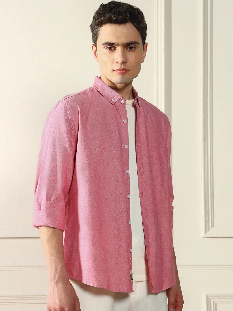 Men's Button Down Collar Regular Fit Solid Red Casual Shirt