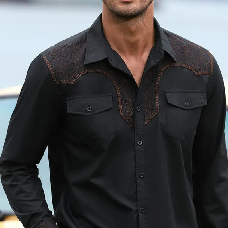 Men's Casual Blend Shoulder Vintage Embroidered Long Sleeve Shirt 84170175U