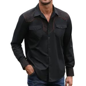 Men's Casual Blend Shoulder Vintage Embroidered Long Sleeve Shirt 84170175U