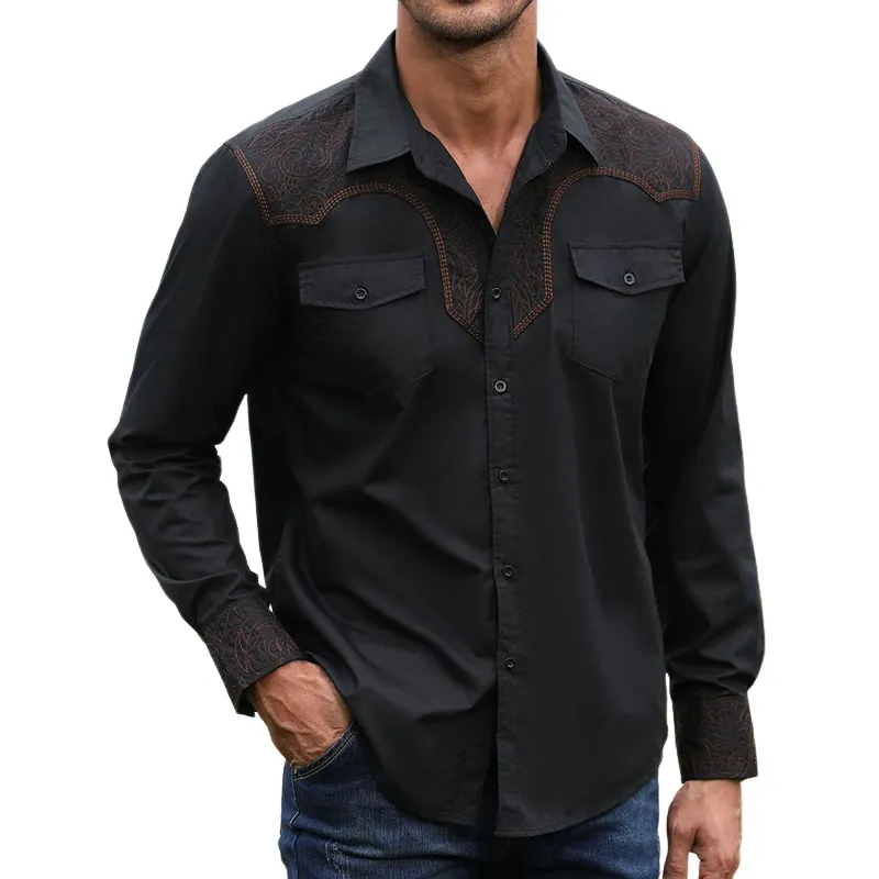Men's Casual Blend Shoulder Vintage Embroidered Long Sleeve Shirt 84170175U