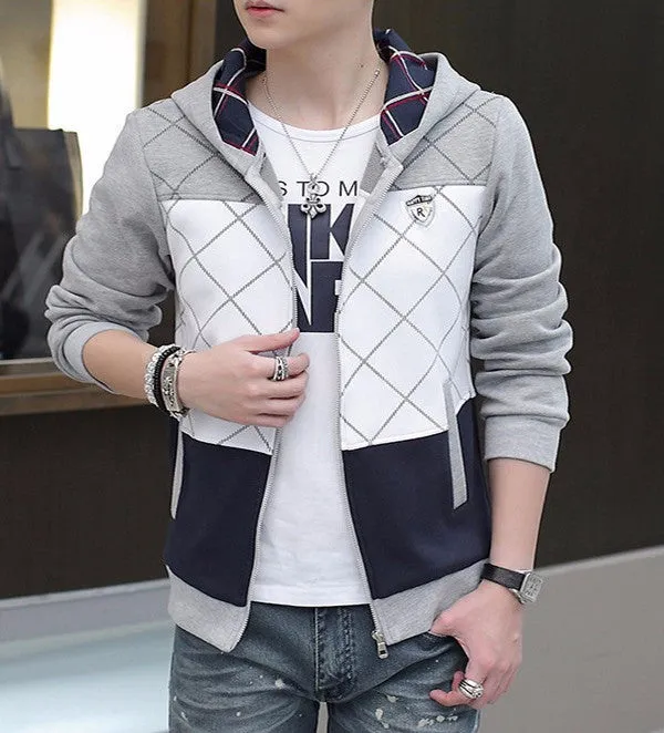 Men's Casual Fashion Plaid Slim Hooded Sweatshirt