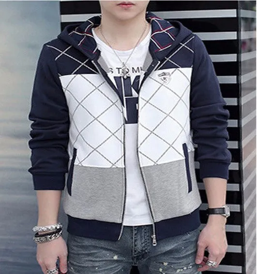 Men's Casual Fashion Plaid Slim Hooded Sweatshirt