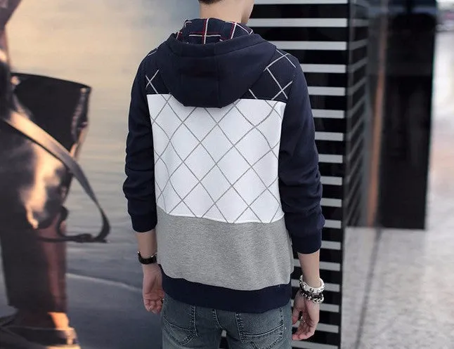 Men's Casual Fashion Plaid Slim Hooded Sweatshirt
