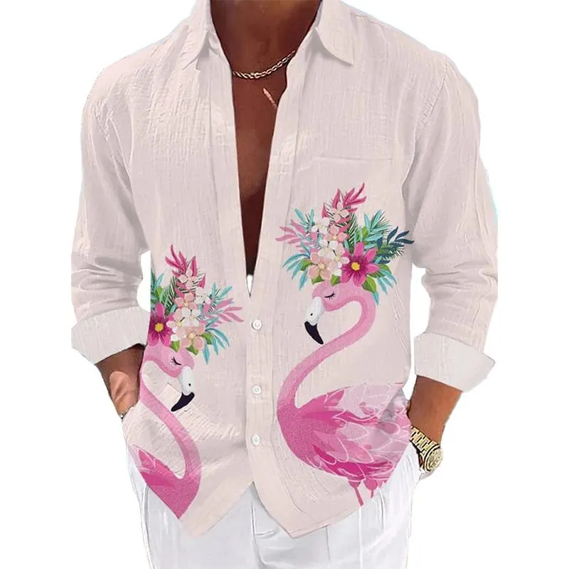 Men's Casual Hawaiian Coconut Flamingo Lapel Shirt 64001969YM