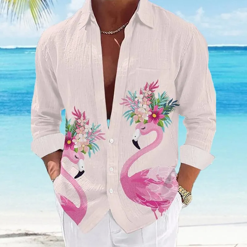 Men's Casual Hawaiian Coconut Flamingo Lapel Shirt 64001969YM