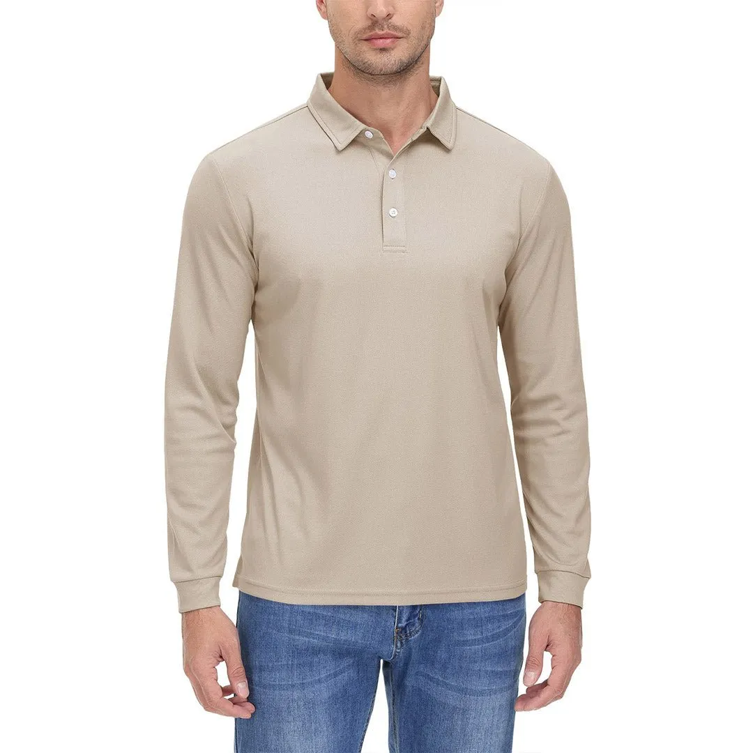 Men's Casual Quick Dry Polo Long Sleeve Shirt with 3-Buttons