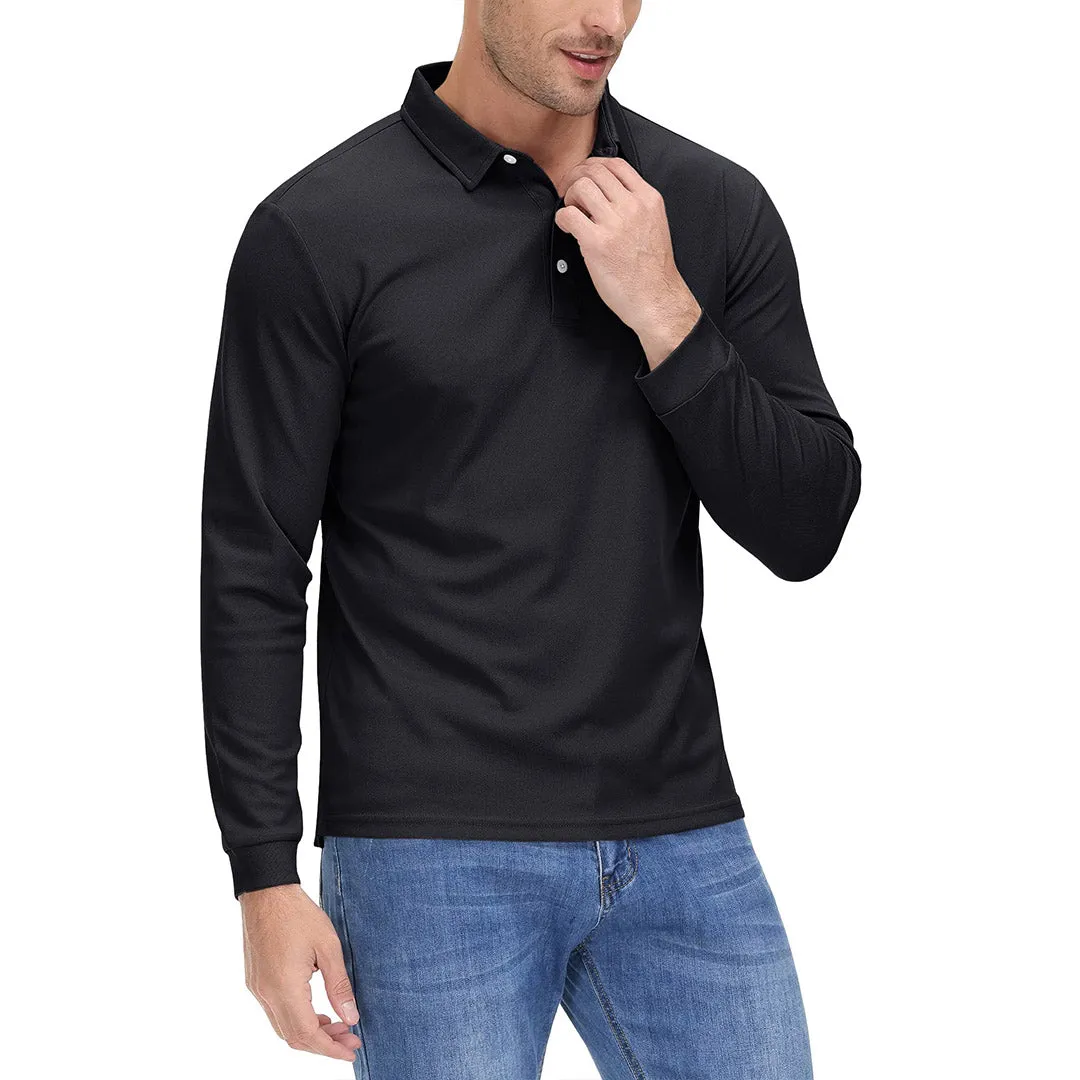 Men's Casual Quick Dry Polo Long Sleeve Shirt with 3-Buttons