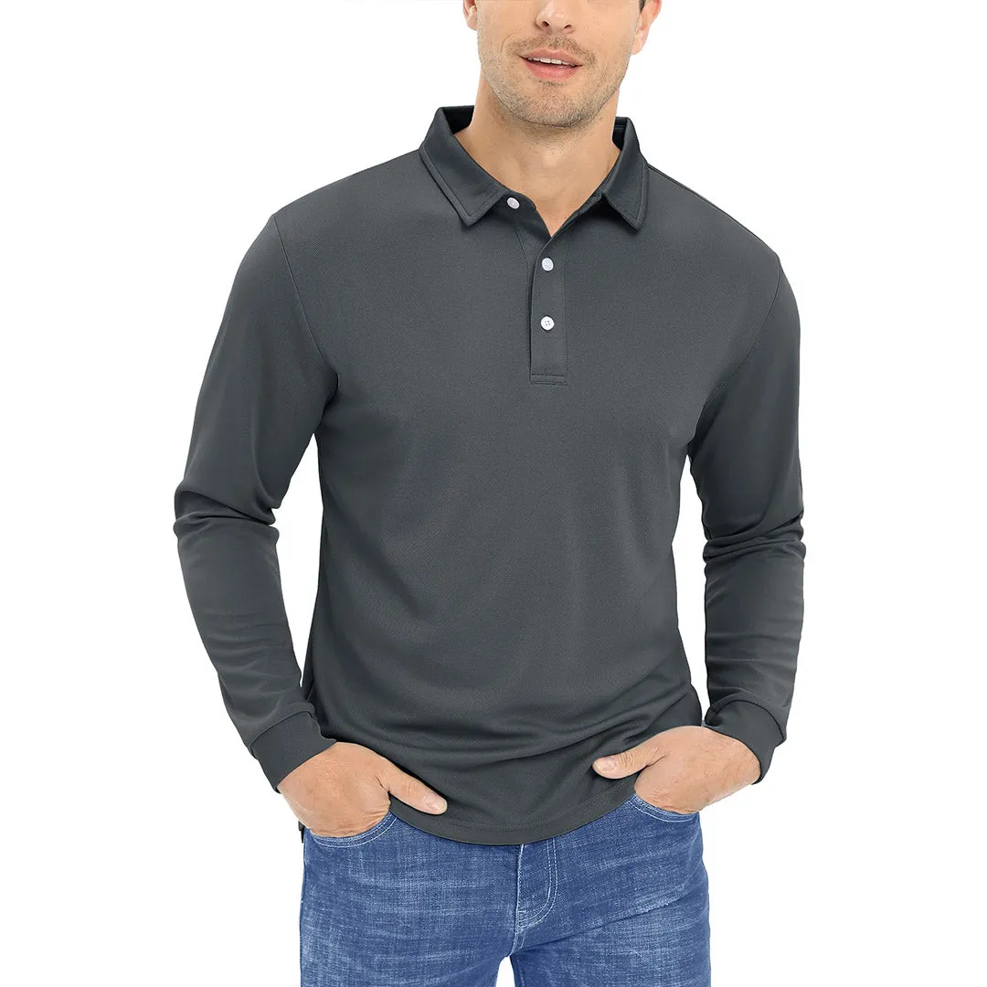 Men's Casual Quick Dry Polo Long Sleeve Shirt with 3-Buttons