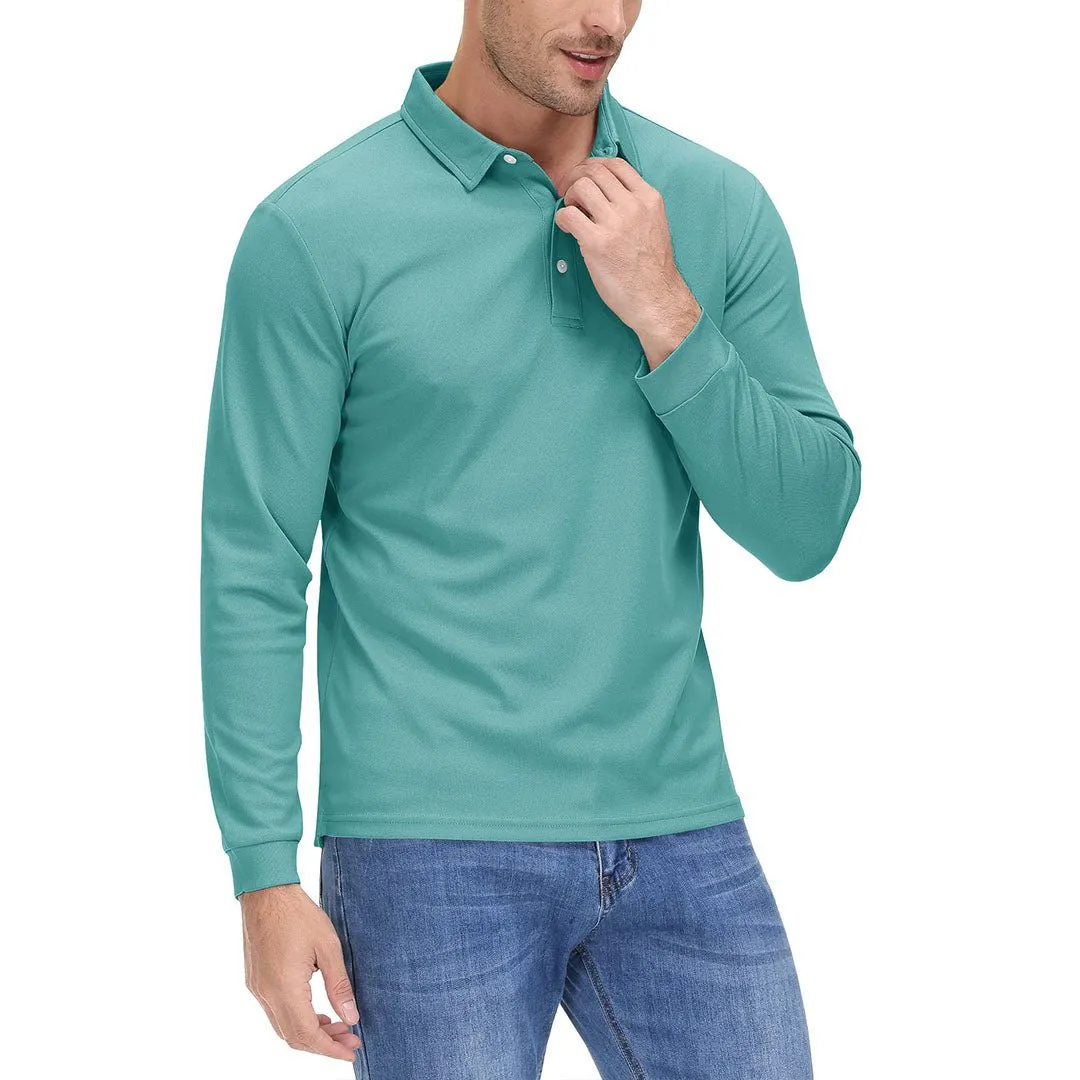 Men's Casual Quick Dry Polo Long Sleeve Shirt with 3-Buttons