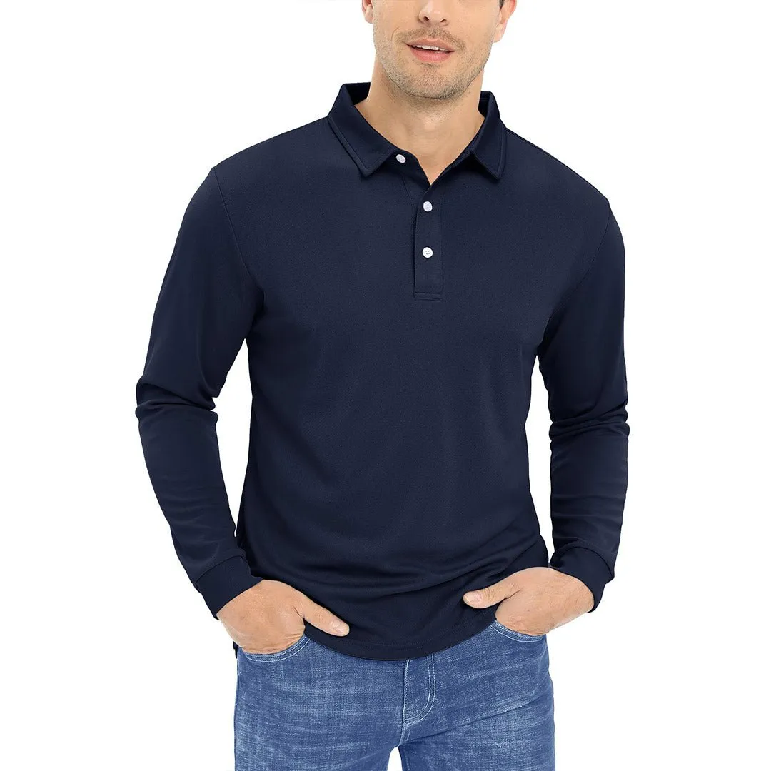 Men's Casual Quick Dry Polo Long Sleeve Shirt with 3-Buttons
