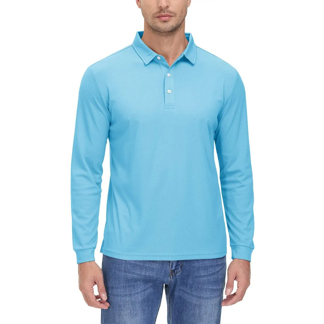 Men's Casual Quick Dry Polo Long Sleeve Shirt with 3-Buttons