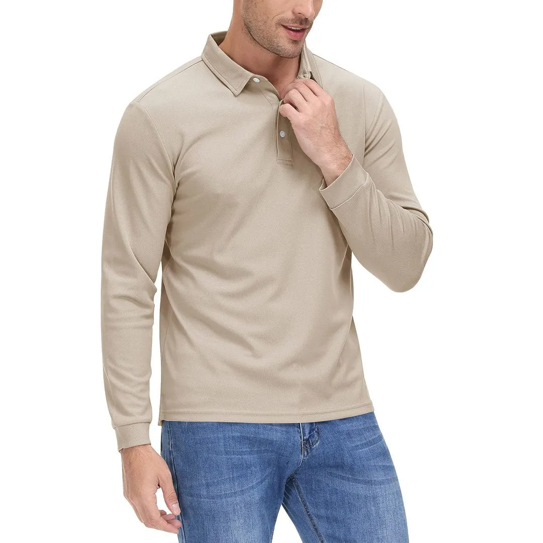 Men's Casual Quick Dry Polo Long Sleeve Shirt with 3-Buttons