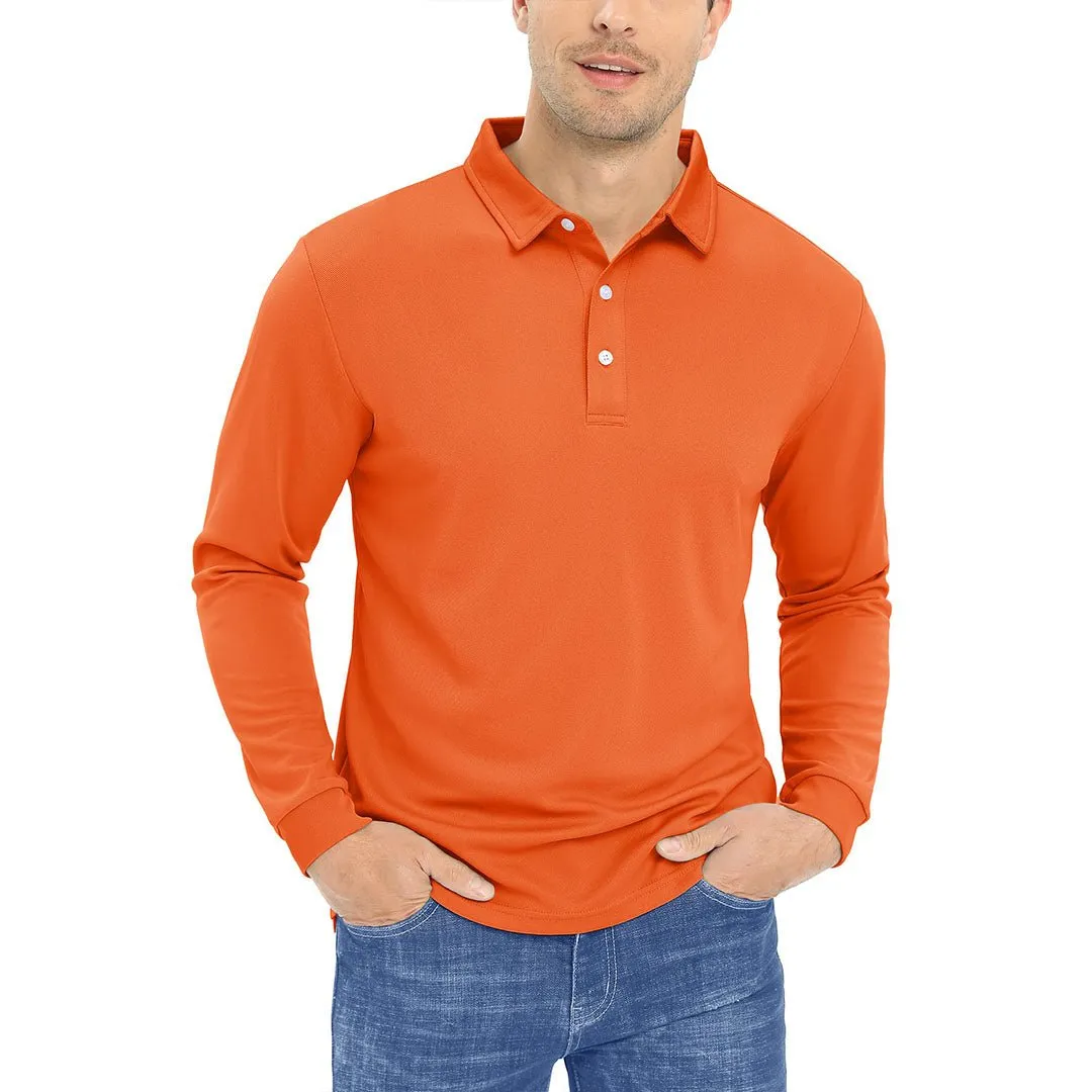 Men's Casual Quick Dry Polo Long Sleeve Shirt with 3-Buttons
