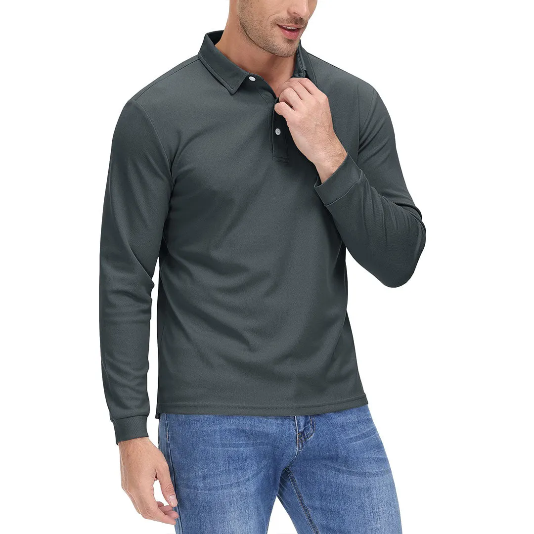 Men's Casual Quick Dry Polo Long Sleeve Shirt with 3-Buttons
