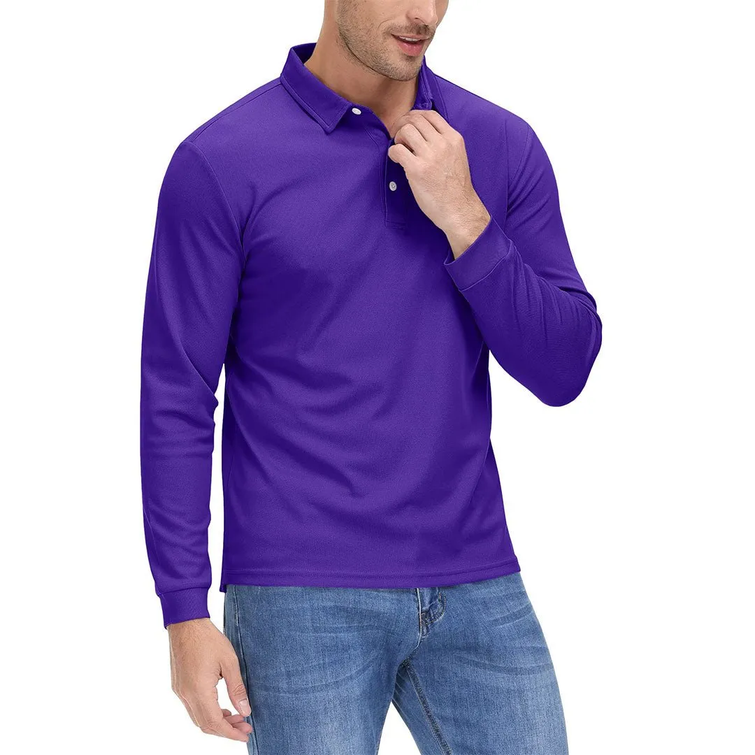 Men's Casual Quick Dry Polo Long Sleeve Shirt with 3-Buttons