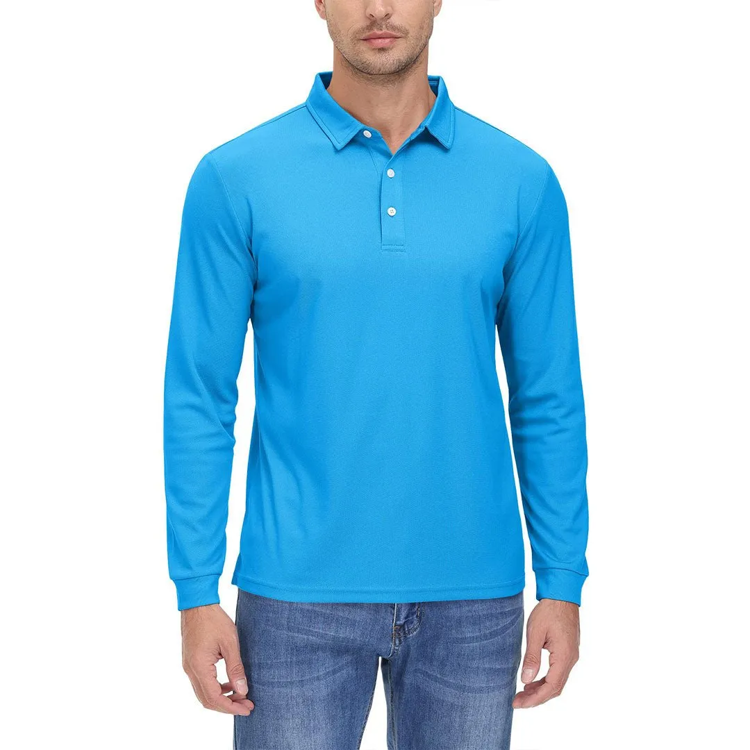 Men's Casual Quick Dry Polo Long Sleeve Shirt with 3-Buttons