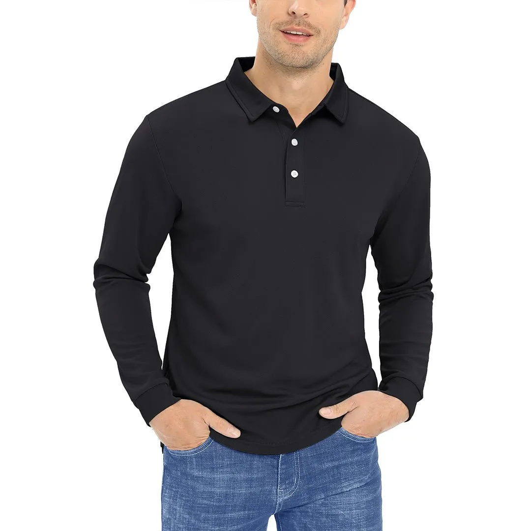Men's Casual Quick Dry Polo Long Sleeve Shirt with 3-Buttons