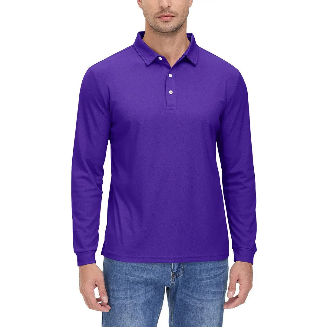 Men's Casual Quick Dry Polo Long Sleeve Shirt with 3-Buttons