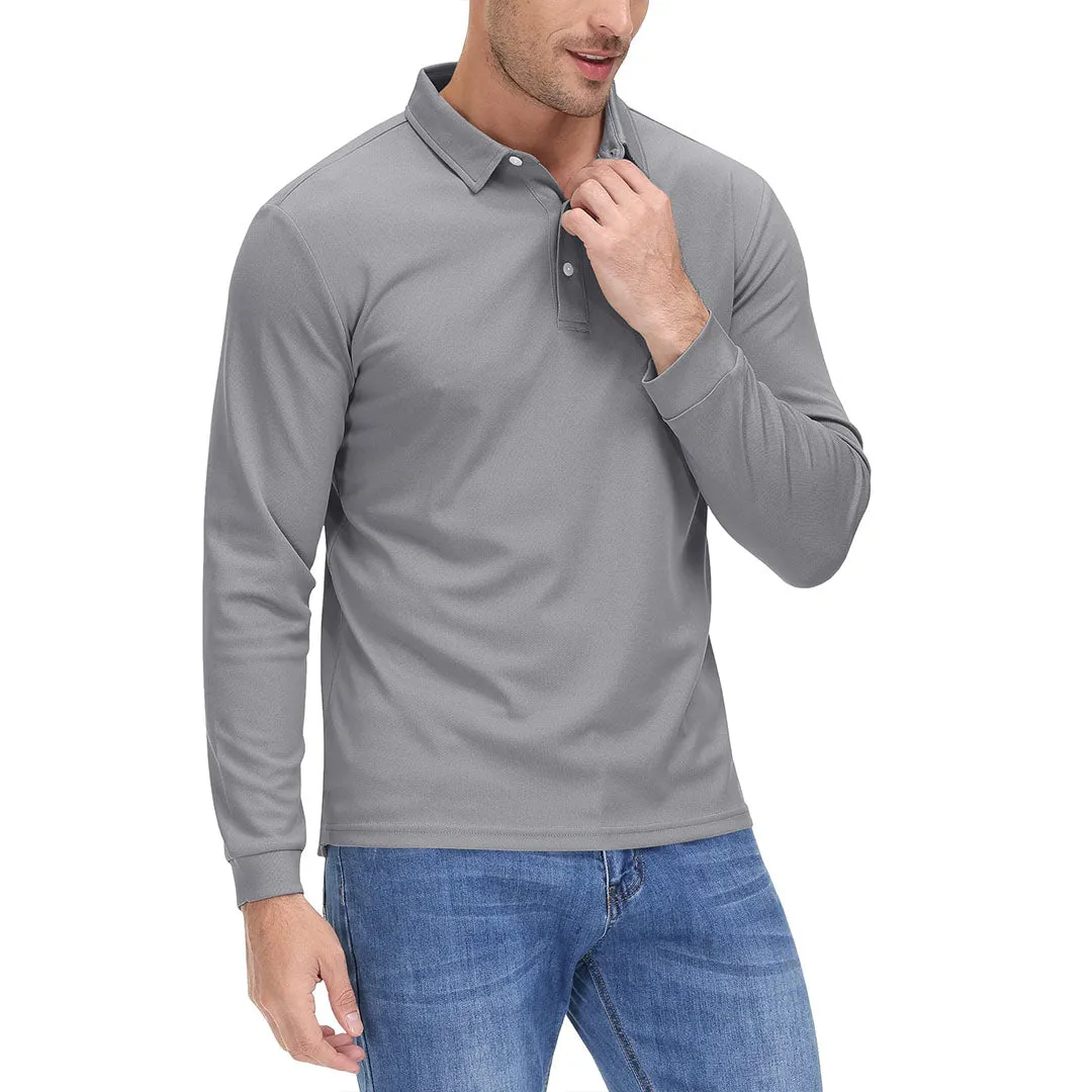 Men's Casual Quick Dry Polo Long Sleeve Shirt with 3-Buttons