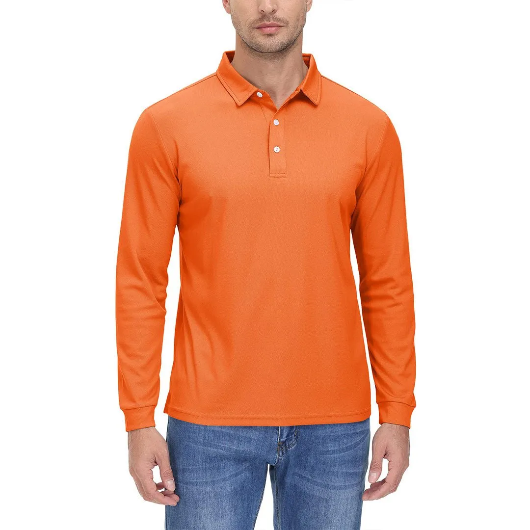 Men's Casual Quick Dry Polo Long Sleeve Shirt with 3-Buttons