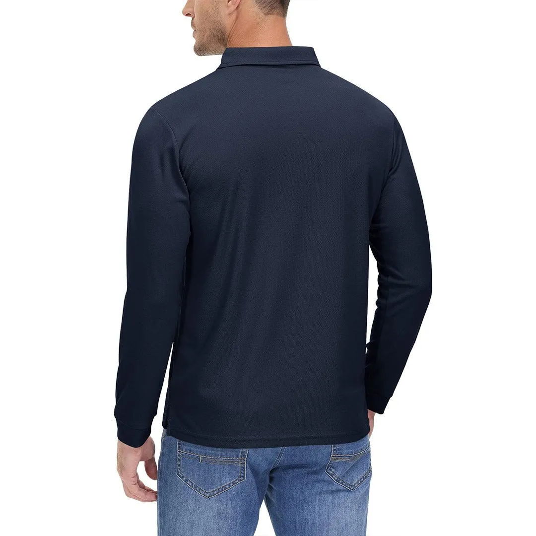 Men's Casual Quick Dry Polo Long Sleeve Shirt with 3-Buttons