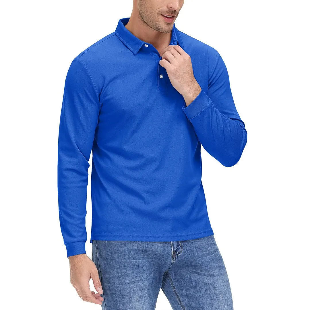 Men's Casual Quick Dry Polo Long Sleeve Shirt with 3-Buttons