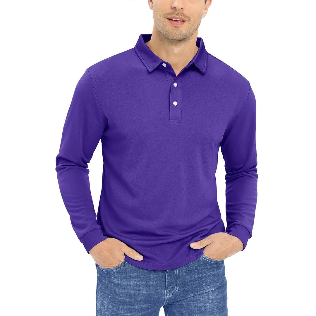 Men's Casual Quick Dry Polo Long Sleeve Shirt with 3-Buttons