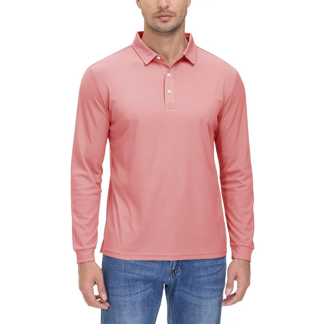 Men's Casual Quick Dry Polo Long Sleeve Shirt with 3-Buttons