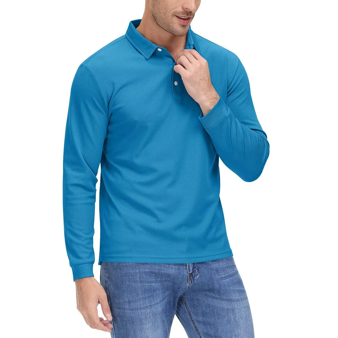 Men's Casual Quick Dry Polo Long Sleeve Shirt with 3-Buttons