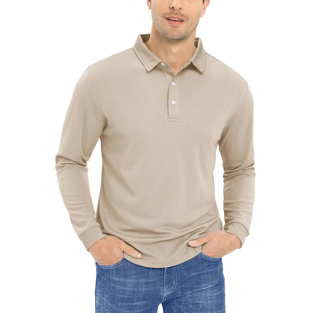 Men's Casual Quick Dry Polo Long Sleeve Shirt with 3-Buttons