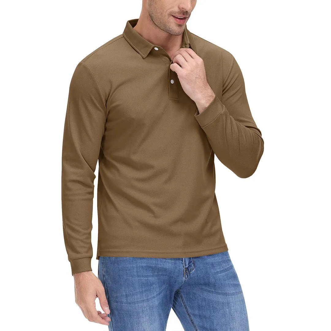 Men's Casual Quick Dry Polo Long Sleeve Shirt with 3-Buttons