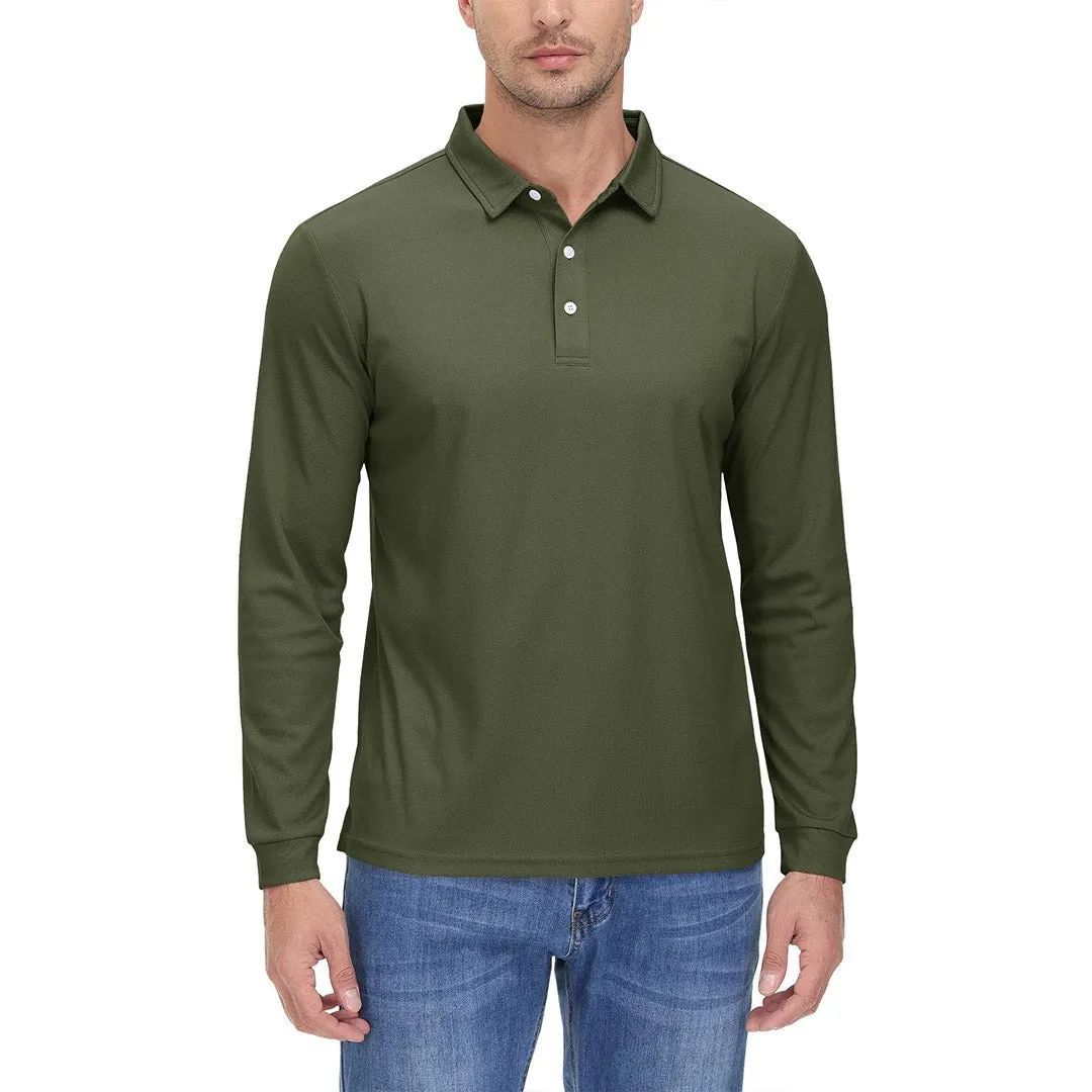 Men's Casual Quick Dry Polo Long Sleeve Shirt with 3-Buttons