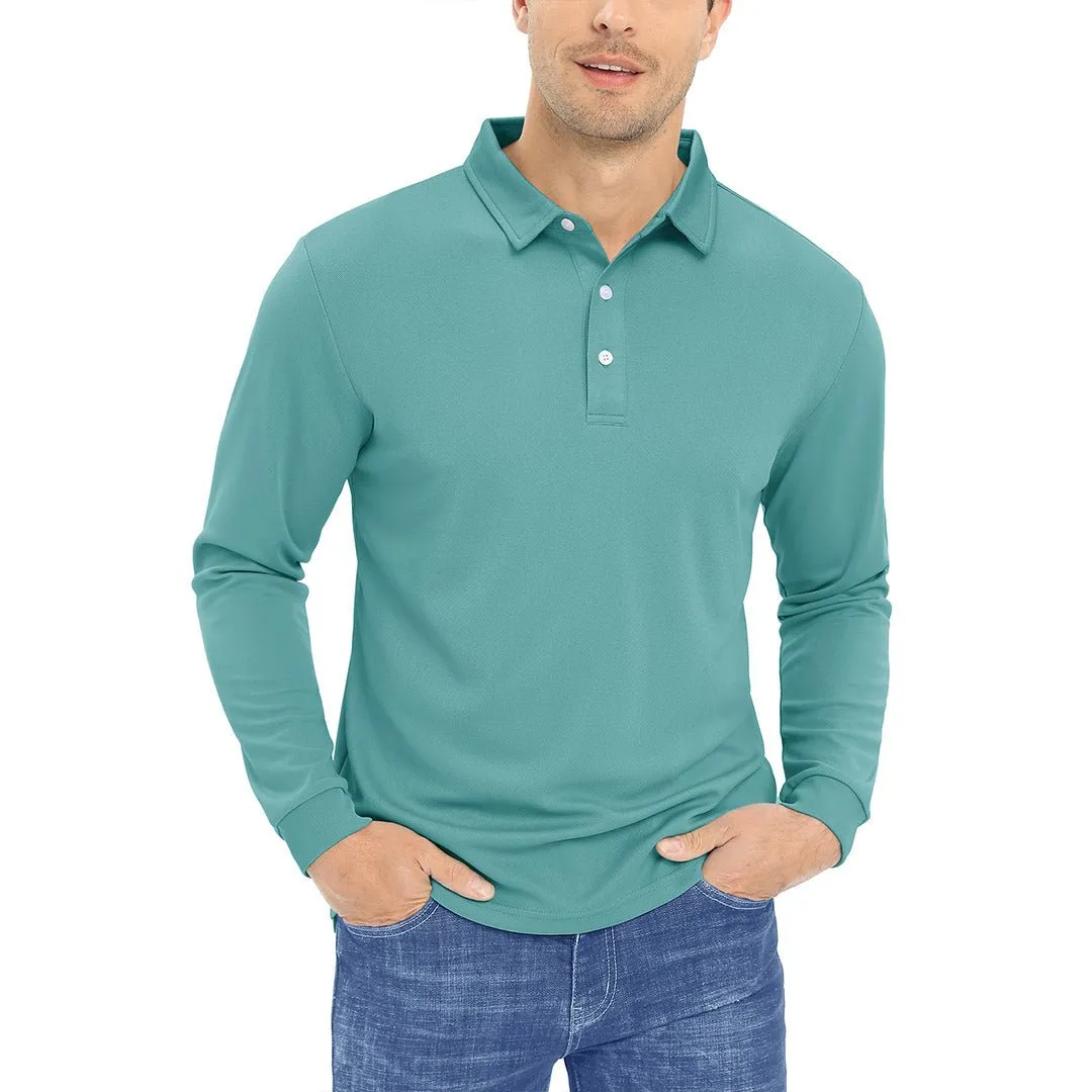 Men's Casual Quick Dry Polo Long Sleeve Shirt with 3-Buttons