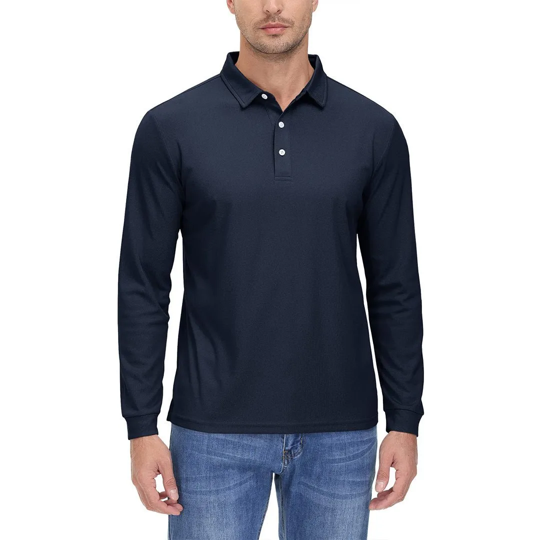 Men's Casual Quick Dry Polo Long Sleeve Shirt with 3-Buttons