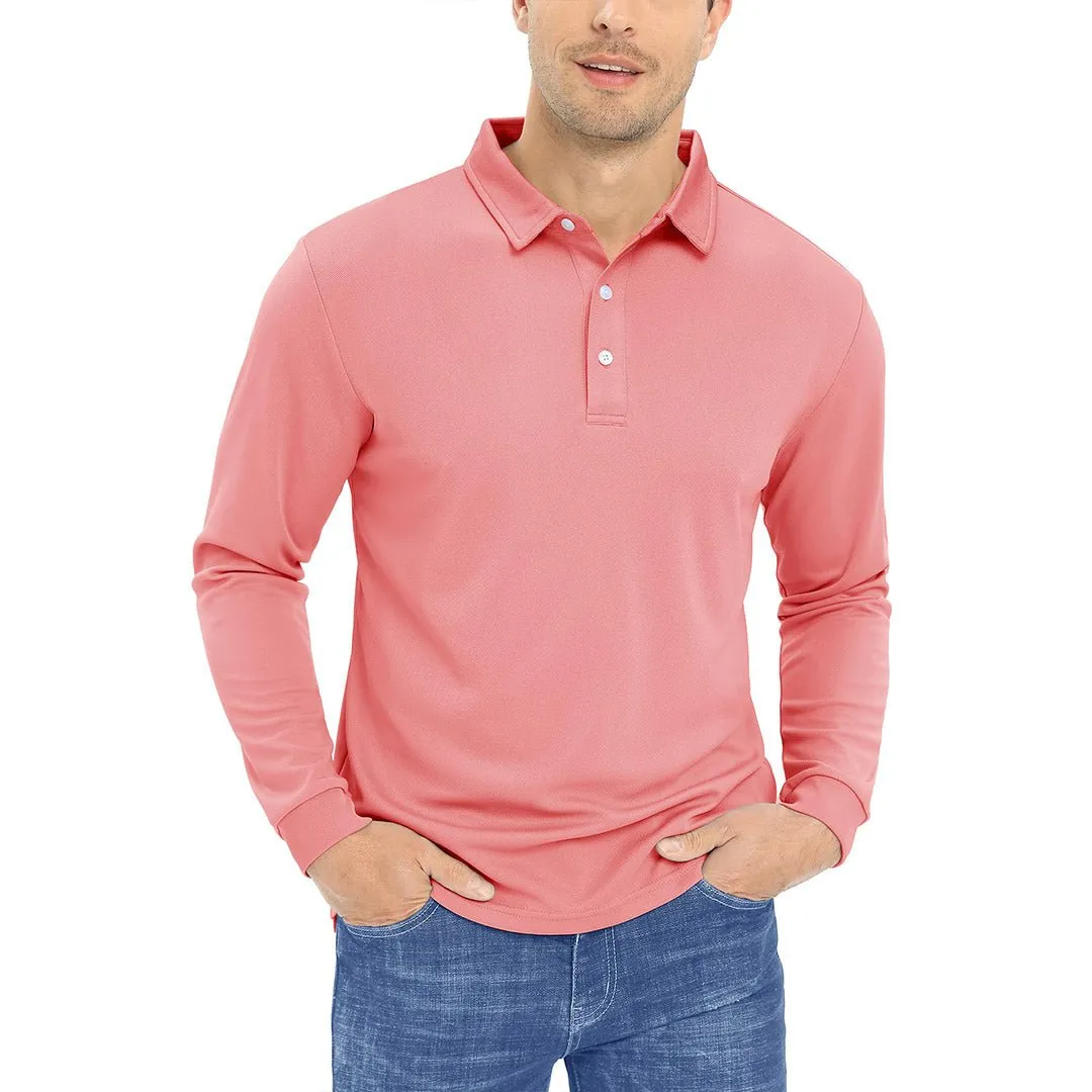 Men's Casual Quick Dry Polo Long Sleeve Shirt with 3-Buttons