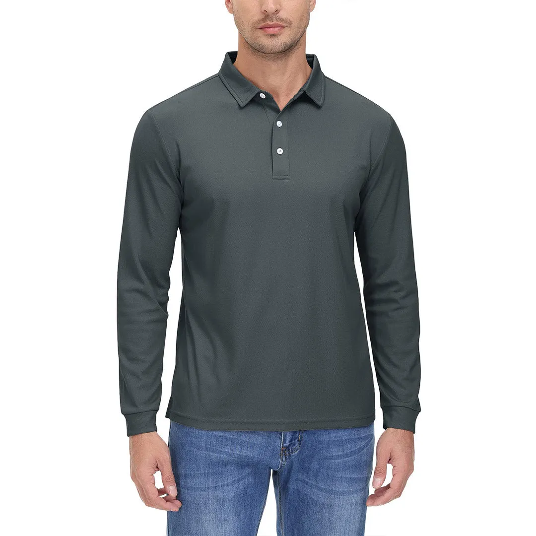 Men's Casual Quick Dry Polo Long Sleeve Shirt with 3-Buttons
