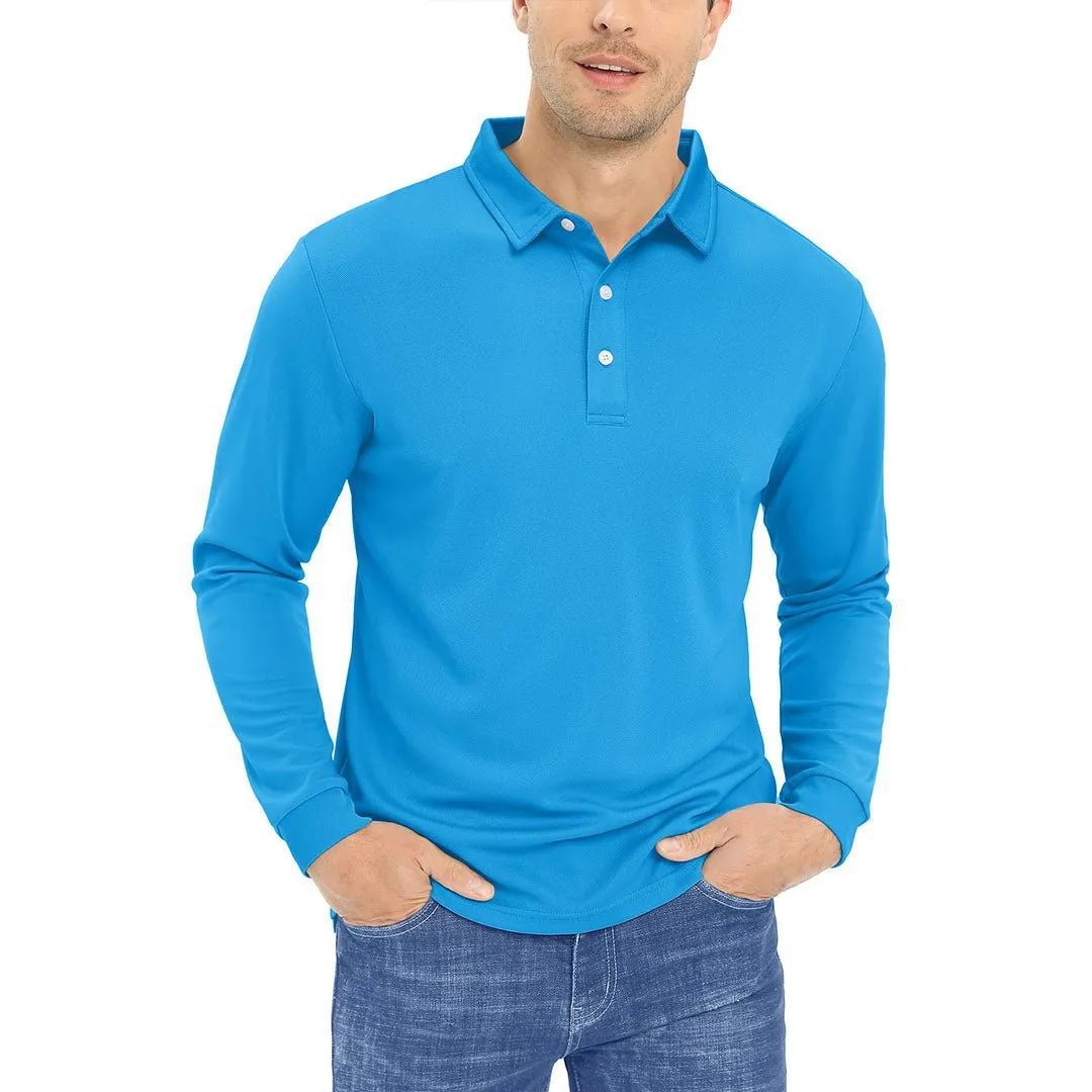 Men's Casual Quick Dry Polo Long Sleeve Shirt with 3-Buttons