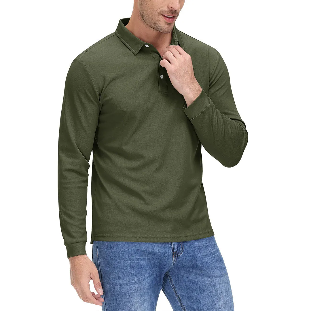 Men's Casual Quick Dry Polo Long Sleeve Shirt with 3-Buttons