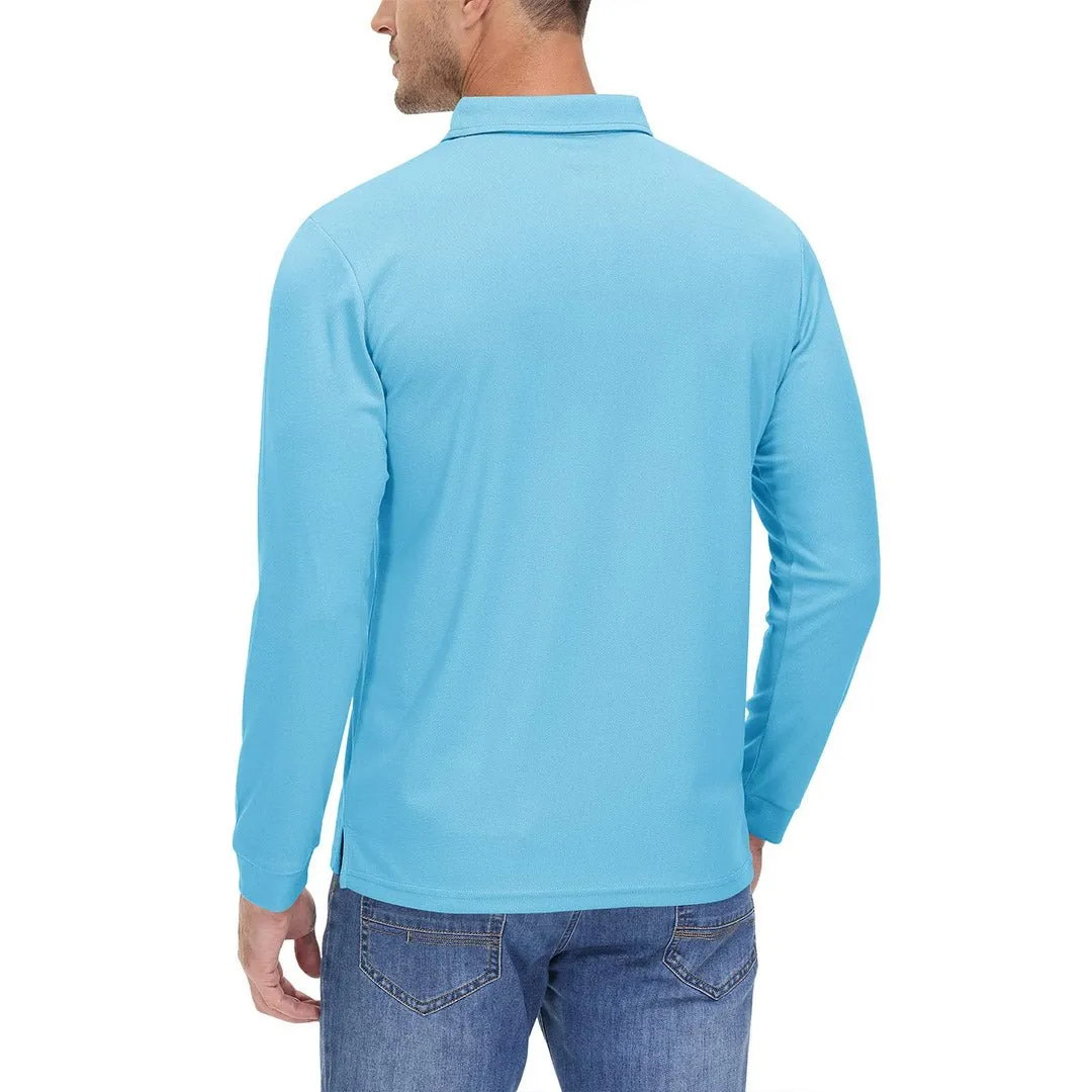 Men's Casual Quick Dry Polo Long Sleeve Shirt with 3-Buttons