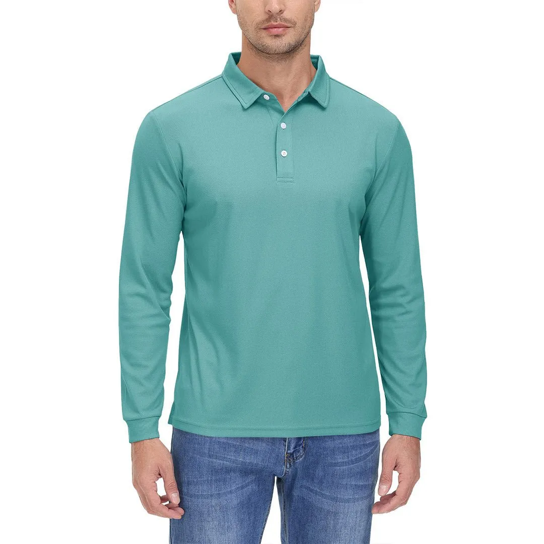 Men's Casual Quick Dry Polo Long Sleeve Shirt with 3-Buttons