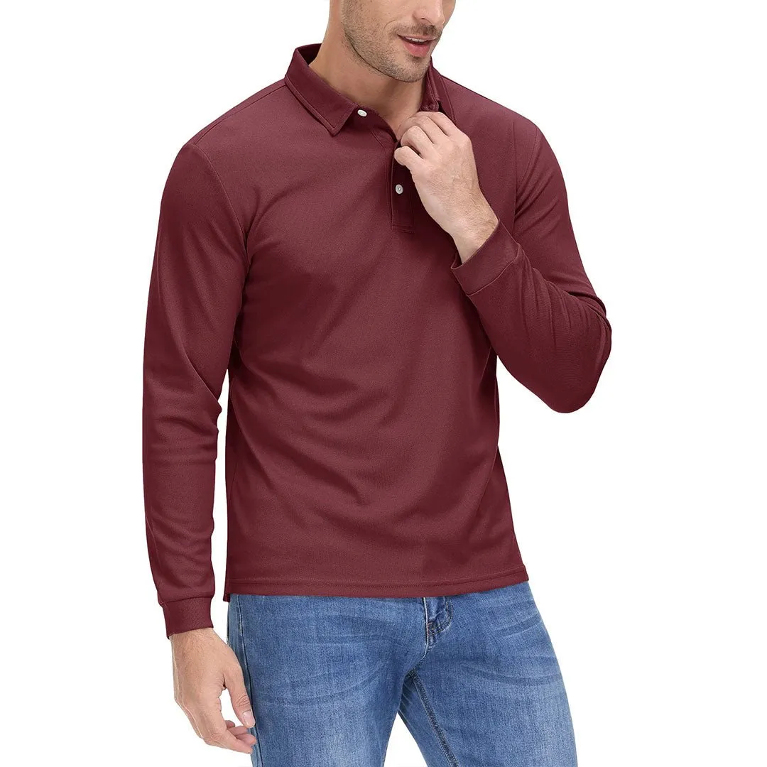 Men's Casual Quick Dry Polo Long Sleeve Shirt with 3-Buttons