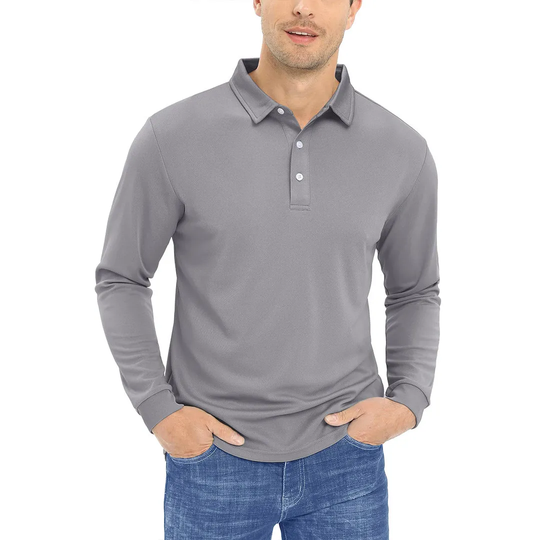 Men's Casual Quick Dry Polo Long Sleeve Shirt with 3-Buttons