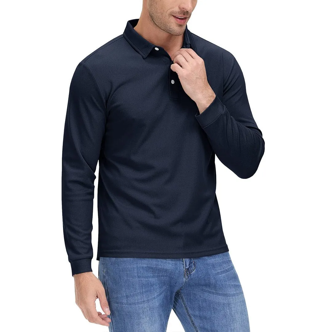 Men's Casual Quick Dry Polo Long Sleeve Shirt with 3-Buttons