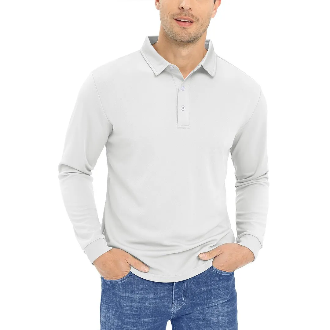 Men's Casual Quick Dry Polo Long Sleeve Shirt with 3-Buttons